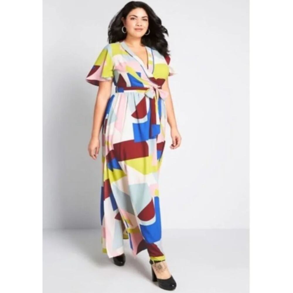 ModCloth Your Time To Shine Geometric Print ColorBlock Maxi Dress 14 Tie Waist - Picture 2 of 10